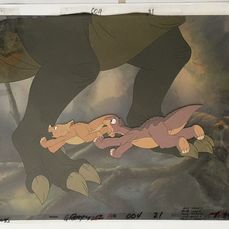Littlefoot and Cera run for cover. (the cel's background shown here is inaccurate and was taken from a different scene)