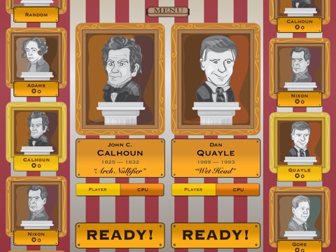 The boxer selection screen, featuring busts of the selectable Vice Presidents.