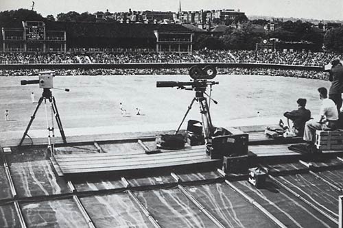 Television camera on top of the old Tavern Hotel, one of three cameras used to broadcast the second test