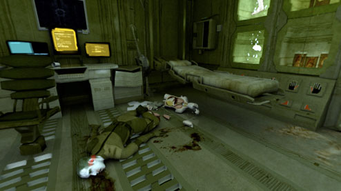 Room from the first episode, with George's body laying on the ground.