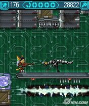 A screenshot of Ratchet and Clank facing a robotic enemy.