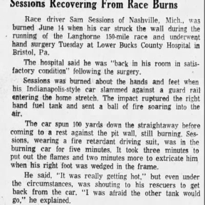 Newspaper clipping reporting on Sessions' crash.