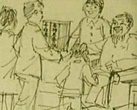 Another portion of the storyboard. Depicts the family giving the wine to the grandfather.