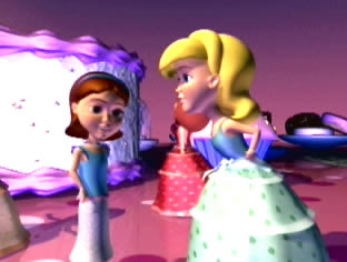 Image of the short film's protagonist, Sandra, talking to Minty Mindy.