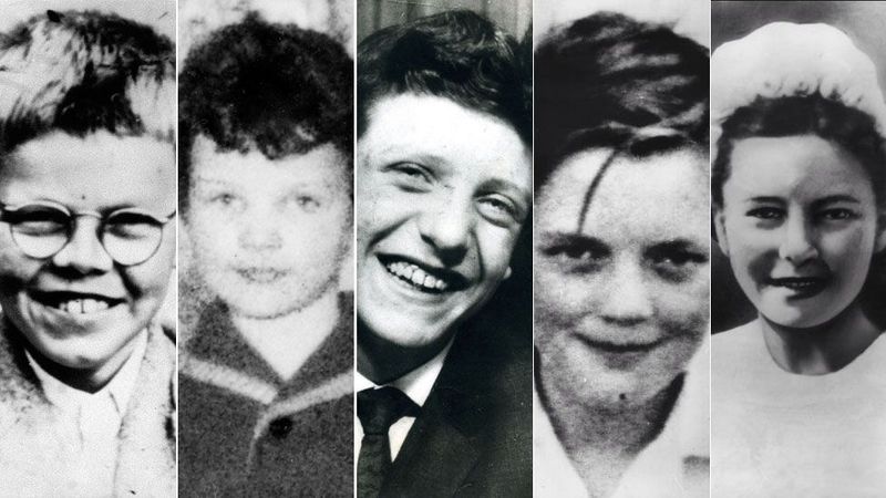 All five Moors murder victims. From left to right: Keith Bennett, Lesley Ann Downey, Edward Evans, John Kilbide, and Pauline Reade