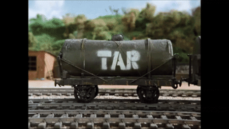 James crashing into the tar wagons.