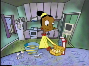 Screenshot of Jackie making breakfast. A scene that is not in final.