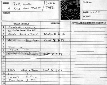 A scan of the "Now And Then" tape label of the 24-track tape.