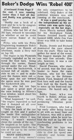 Part 1 of a newspaper clipping reporting on Baker winning the race.