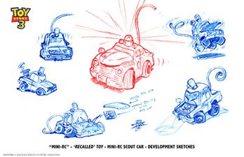 Toy Story 3 concept art for Mini-RC, a recalled toy by Shane Zalvin.