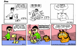 Comparison between a Jon strip and a mainstream Garfield strip, where the punchline was changed to reflect Odie's name change.