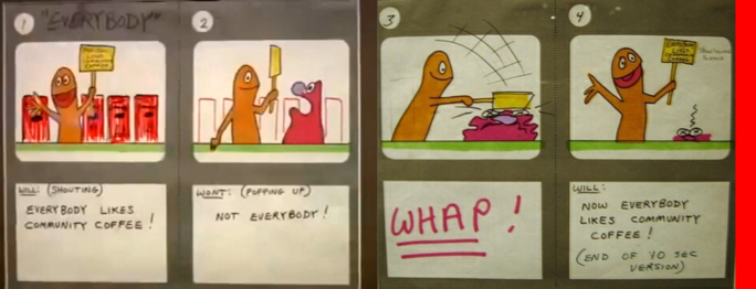 A storyboard for Community Coffee ad, "Everybody Likes Community Coffee."