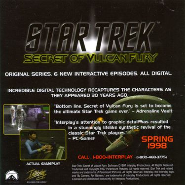 Back cover of Star Trek: Pinball, promoting the upcoming Secret of Vulcan Fury game, with a Spring 1998 release.