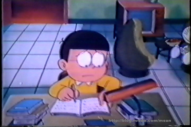 Nobita trying to do his homework.
