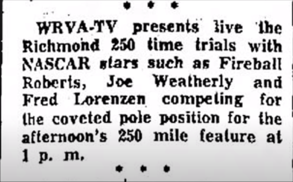 Newspaper clipping promoting WRVA-TV's live coverage of the qualifying session.