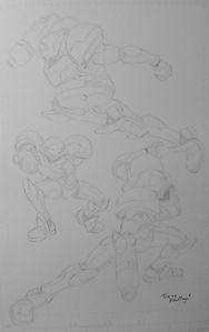Concept art featuring Samus in various action poses by Tracy Yardley.