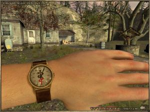 Screenshot showing the mod's health system, displayed at the main character's wrist watch.
