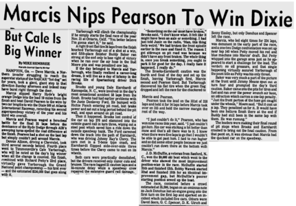 Spartanburg Herald Journal newspaper article concerning Dave Marcis winning the 1976 Dixie 500, and Cale Yarborough virtually winning the 1976 NASCAR Winston Cup Series.