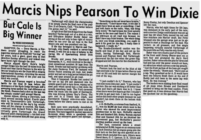 Spartanburg Herald Journal newspaper article concerning Dave Marcis winning the 1976 Dixie 500, and Cale Yarborough virtually winning the 1976 NASCAR Winston Cup Series.