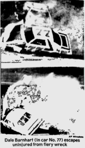 Tuscaloosa News' photos of Dale Earnhardt's crash, referring to him as "Dale Barnhart".