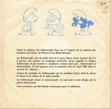 Back cover of the 1965 record for the series featuring a Smurf, Papa Smurf, and a Black Smurf. The back discusses the franchise's origins and the development of the series.