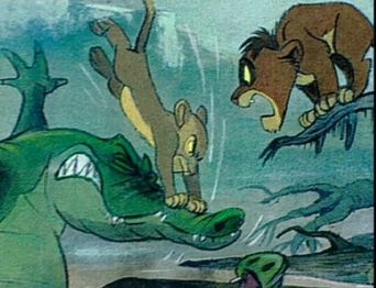 Early concept artwork of the scene where Kiara and Kovu escape from the hungry alligators.