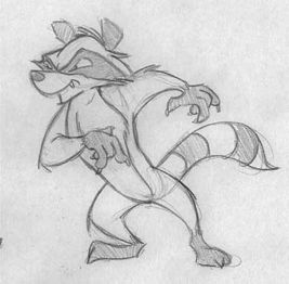 Concept art of the raccoon character.