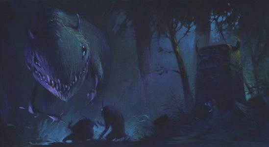 Concept art of the Rat Creatures at night, with Fone Bone watching in the background.