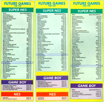 Sound Fantasy listed in the "Future Games for the Super NES" column three months in a row (left to right: 1994 February-April). Of special note: although there was a full preview in March suggesting the game's release was imminent, it was soon delayed to the Fall, as evidenced in April's column.