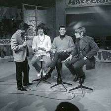 Dick Clark, Mark Lindsay, Leonard Nimoy, and Paul Revere on the set of "Happening '68"