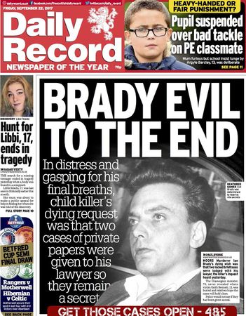 Daily Record newspaper heading detailing Brady's request to have the briefcases kept secure by his lawyer