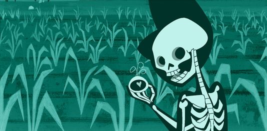 A skeleton character on the farm.