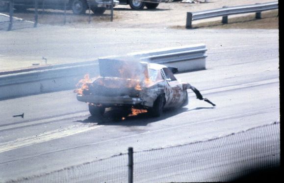 Aftermath of Jerry Sisco's crash. Were it not for Dale Inman and Barry Dodson, Sisco might have perished in the crash.