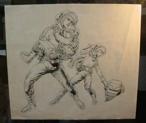 Original hand drawn art by Rudy Nebres for the cancelled six-issue Marvel comic series based on the cartoon. Featured is Rick Hampton holding younger brother Mikey. Following behind is their sister Wendy guiding their maintenance robot Retro.