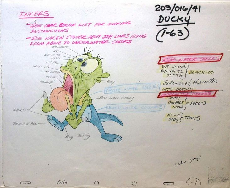 File:Land Before Time, Original 1988 - Don Bluth Studios - Color model Cel and matching drawing with color painting instructions of Ducky -2.jpg