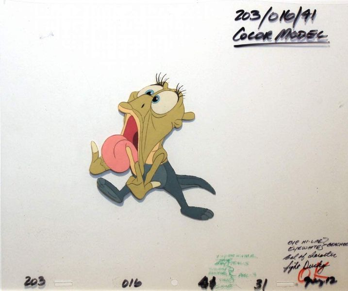 File:Land Before Time, Original 1988 - Don Bluth Studios - Color model Cel and matching drawing with color painting instructions of Ducky -1.jpg