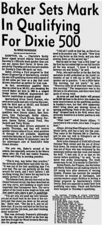 Spartanburg Herald Journal reporting on Buddy Baker winning the pole position.