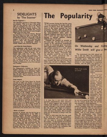 Issue 706 of Radio Times providing a report on snooker's rising popularity (page 1).