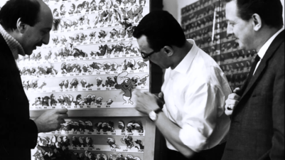 Behind-the-scenes photo showing animation cells for The Smurfs.
