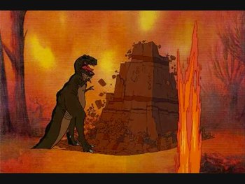 As the Great Earthshake begins, Sharptooth is surprised by a huge rock bursting out of the ground in front of him.