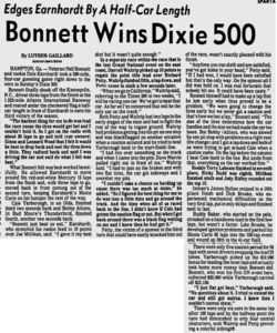 Spartanburg Herald reporting Bonnett winning the race.