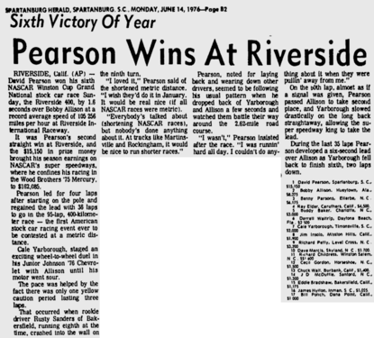 Spartanburg Herald Journal reporting on Pearson winning the race.