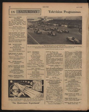 Radio Times issue listing the various broadcasts of Silverstone events, including the 1953 British Grand Prix (duration included under the 500cc event).