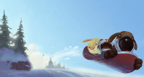 Concept art of Henry, Spig (the cat) and Mr. Buttons (the rabbit) sledding