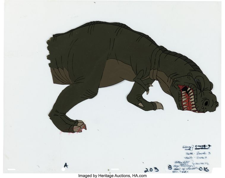 File:The Land Before Time Sharptooth Model Cel and Drawing Don Bluth, 1988 1.jpg