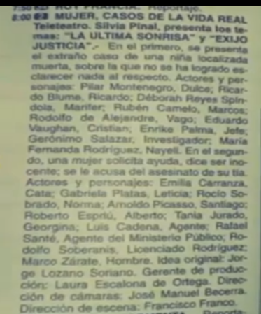 A television schedule proving the existence of La Ultima Sonrisa, that includes the episode's cast.