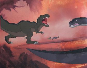 "Once again, the dinosaurs square off. The Rex's jaws bend down towards the earth." Surfaced in 2020.