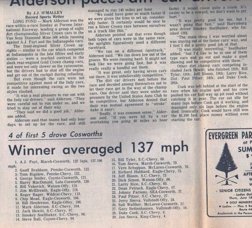 Pocono Record reporting on Mark Alderson finishing the highest of the dirt car drivers.