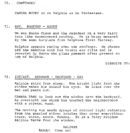 A scan of the script for the deleted scene of Ralphie saving Santa