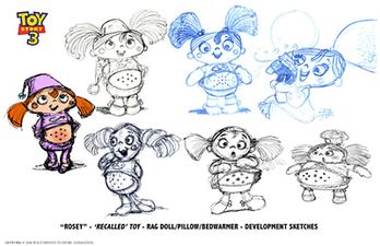 Toy Story 3 concept art for "Rosey," a recalled toy by Shane Zalvin.
